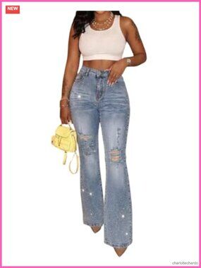 Rhinestone Flare Distressed Ripped High Waist Bell Bottom Jeans